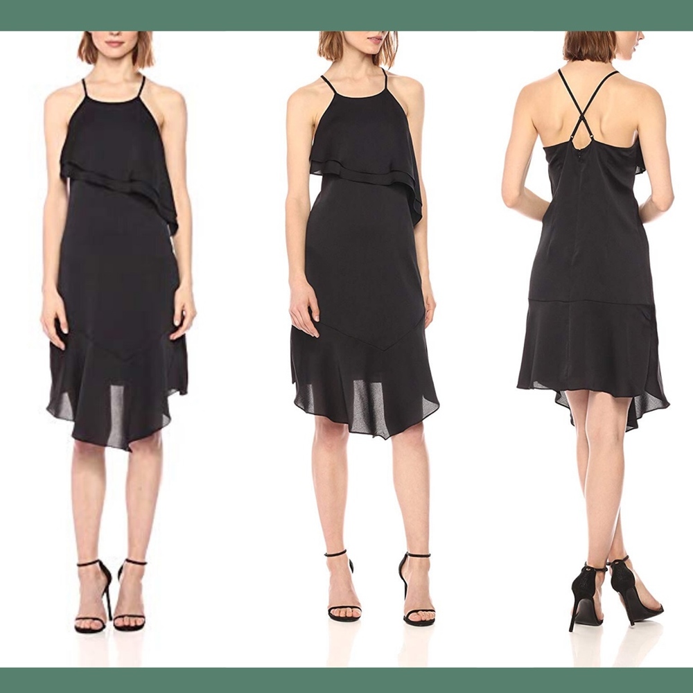 NWT $109 bebe Asymmetrical Ruffle Halter Dress in Black [SZ 2‎ ]